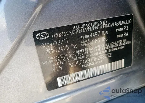 2011 Hyundai Sonata Se из США, поврежденный, VIN 5NPEC4AB7BH298752